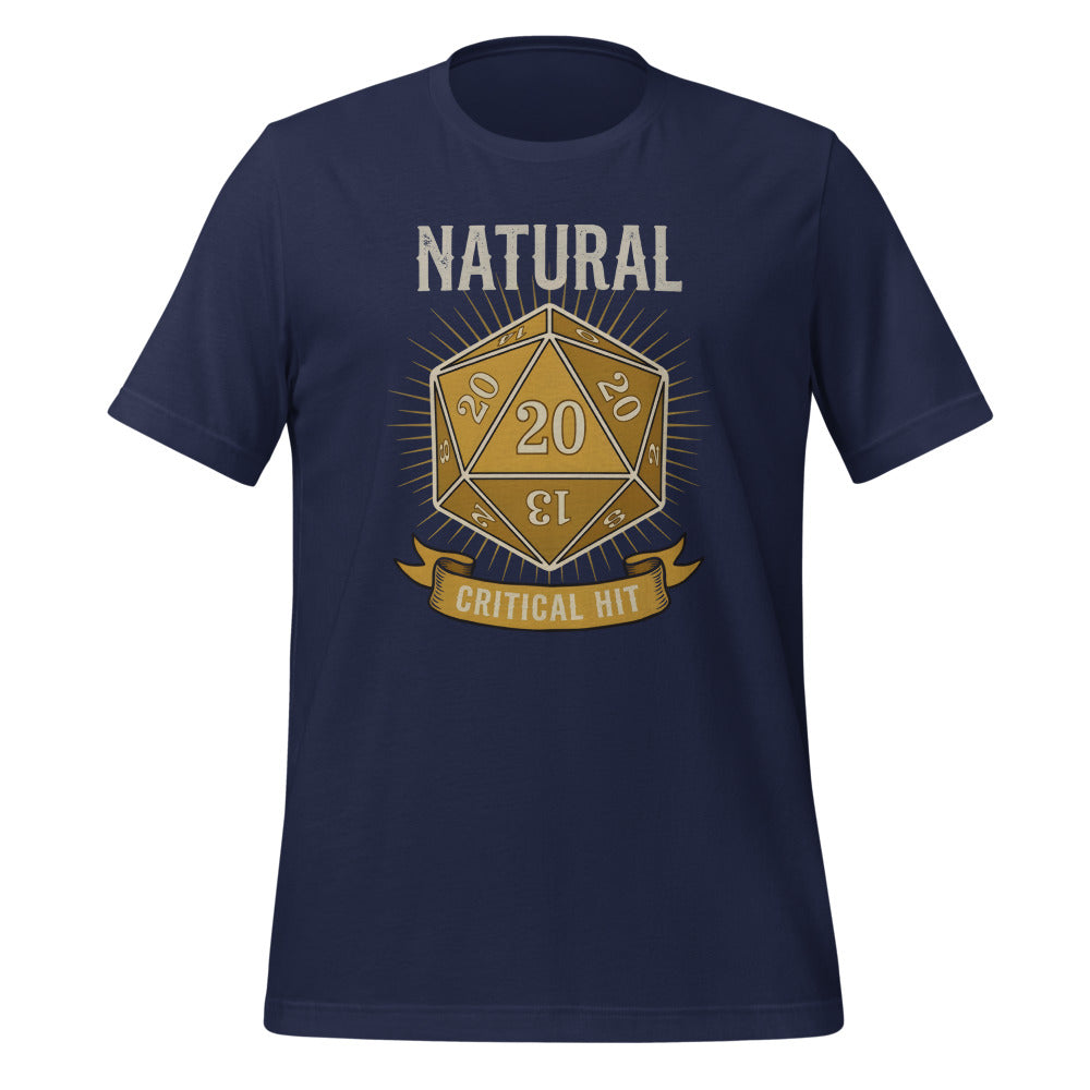 Natural 20 critical hit d20 tabletop RPG tee — Navy, front