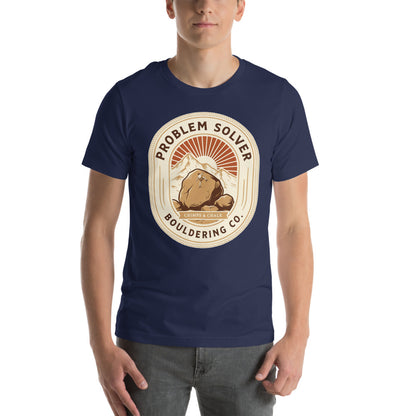 Problem Solver Bouldering Badge t-shirt — Navy, on model