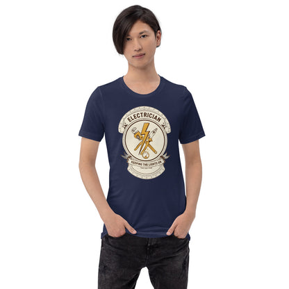 Electrician Journeyman trade crest tee — Navy, on model