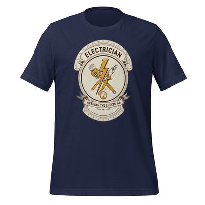 Electrician Journeyman trade crest tee — Navy, front