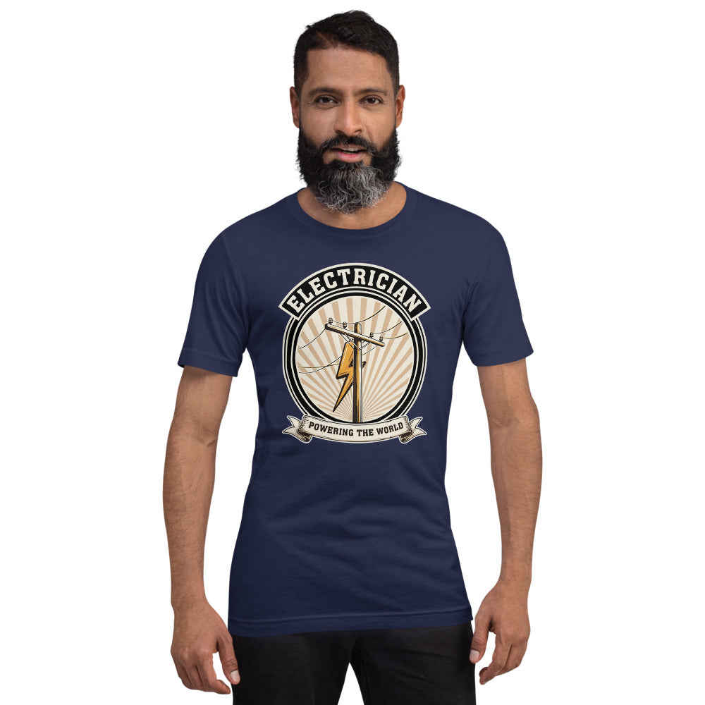 Powering The World electrician emblem tee — Navy, on model