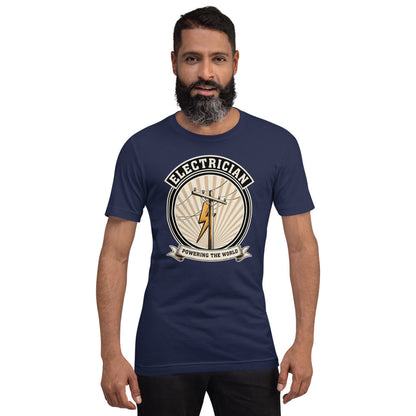 Powering The World electrician emblem tee — Navy, on model