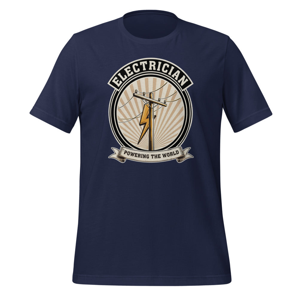 Powering The World electrician emblem tee — Navy, front