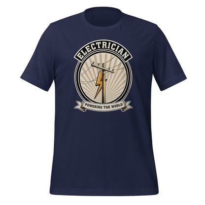 Powering The World electrician emblem tee — Navy, front