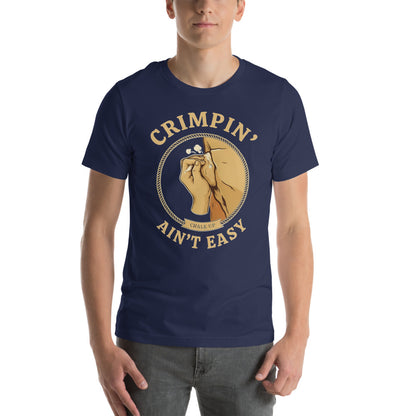Crimpin' Ain't Easy bouldering badge t-shirt — Navy, on model