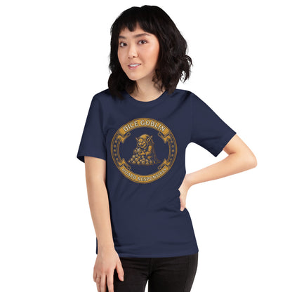 Dice Goblin Hoard Responsibly tabletop RPG tee — Navy, on model