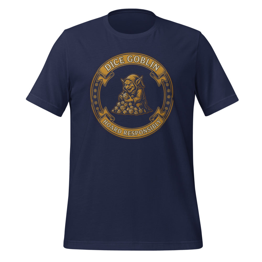 Dice Goblin Hoard Responsibly tabletop RPG tee — Navy, front