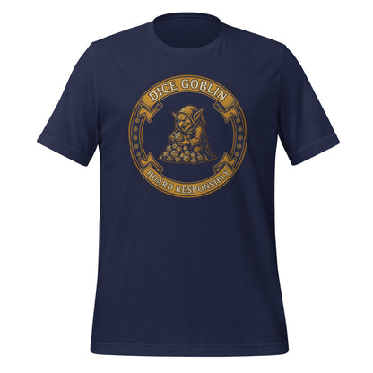 Dice Goblin Hoard Responsibly tabletop RPG tee — Navy, front