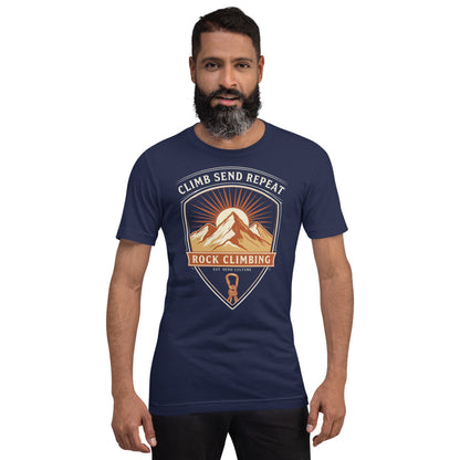 Climb Send Repeat mountaineering crest t-shirt — Navy, on model