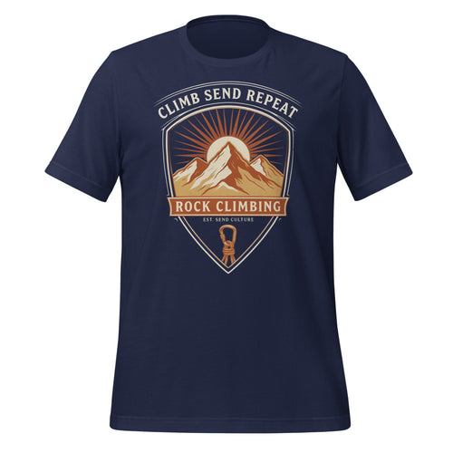 Bouldering Shirt, Vintage Rock Climbing Tee, Climb Send Repeat Crest — Send Culture Climber Gift