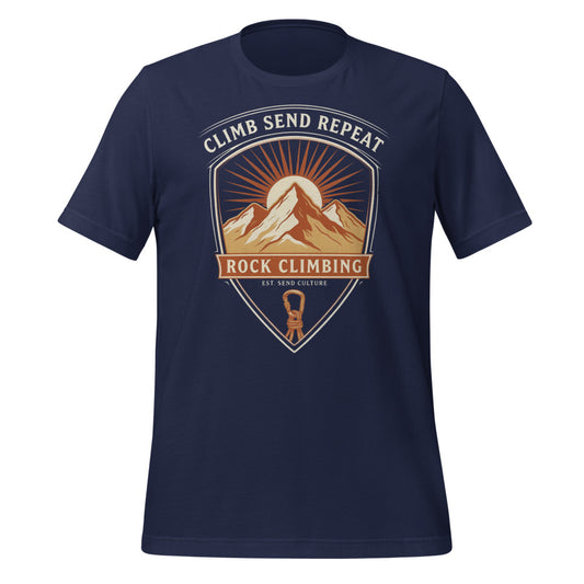 Climb Send Repeat mountaineering crest t-shirt — Navy, front