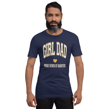 Girl Dad retro varsity tee — Navy, on model