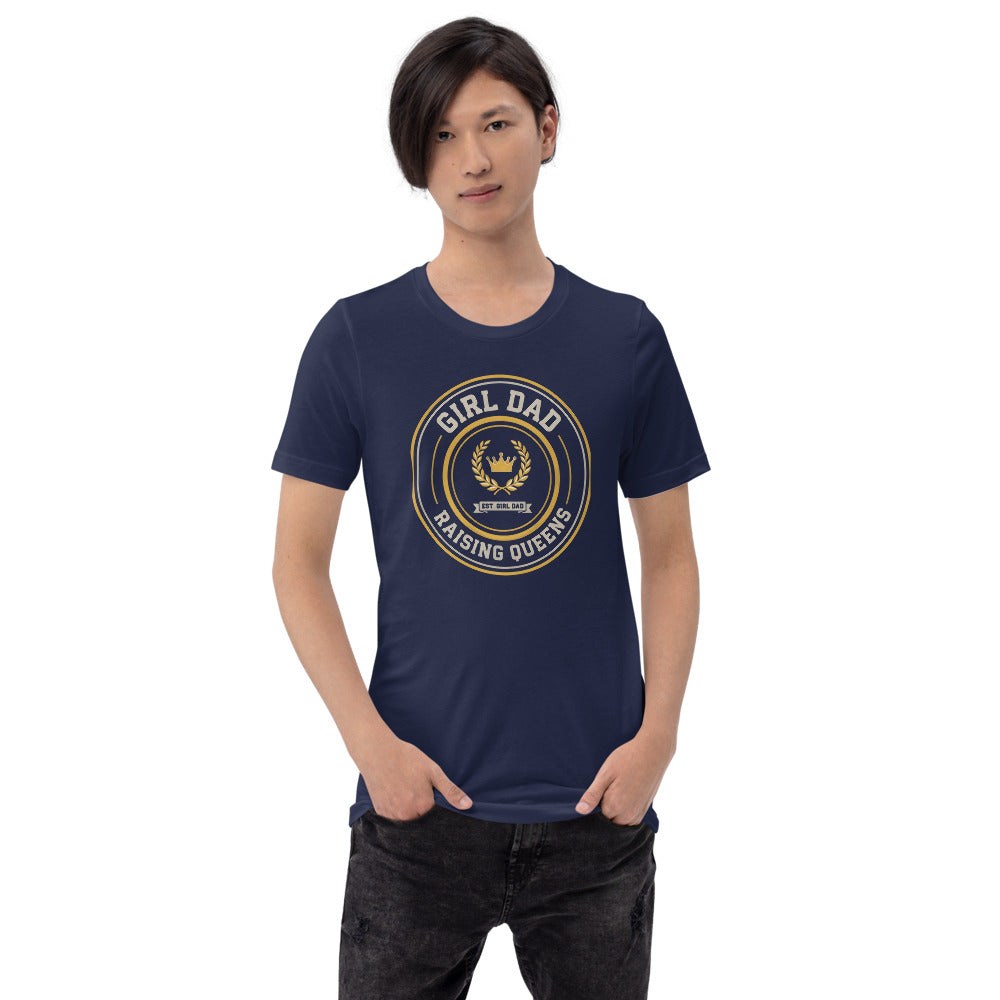Girl Dad Raising Queens crest tee — Navy, on model