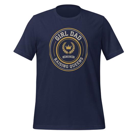 Girl Dad Raising Queens crest tee — Navy, front