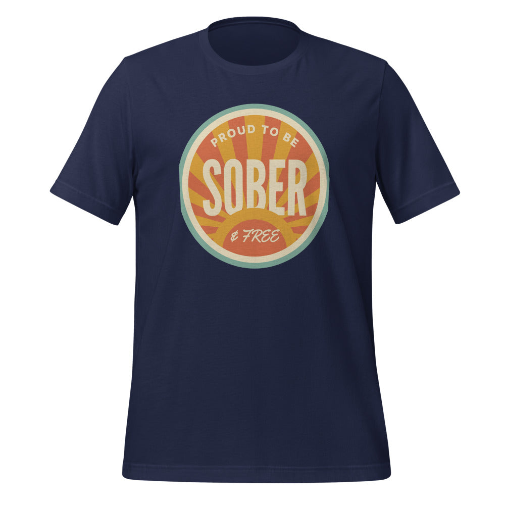 Sober & Proud retro sunburst tee — Navy, front