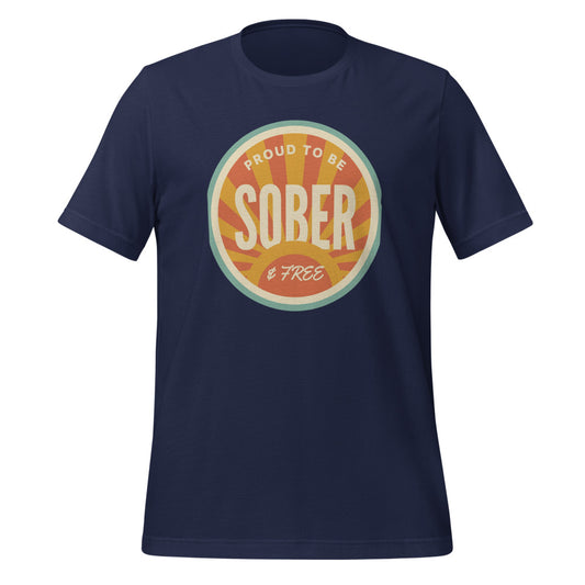 Sober & Proud retro sunburst tee — Navy, front
