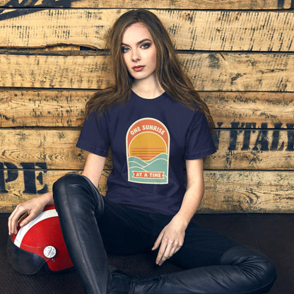 One Sunrise at a Time retro sunrise tee — Navy, on model
