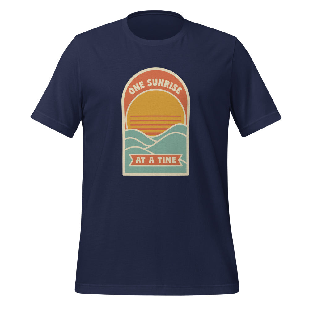 One Sunrise at a Time retro sunrise tee — Navy, front
