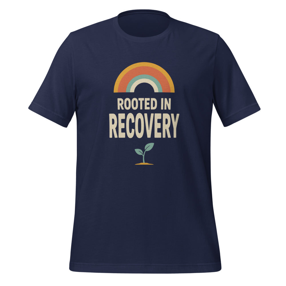Rooted in Recovery retro rainbow tee — Navy, front