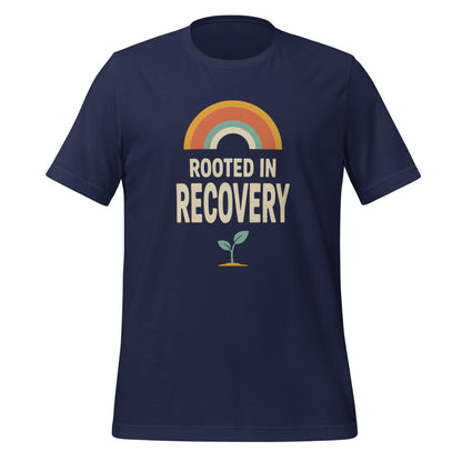 Rooted in Recovery retro rainbow tee — Navy, front