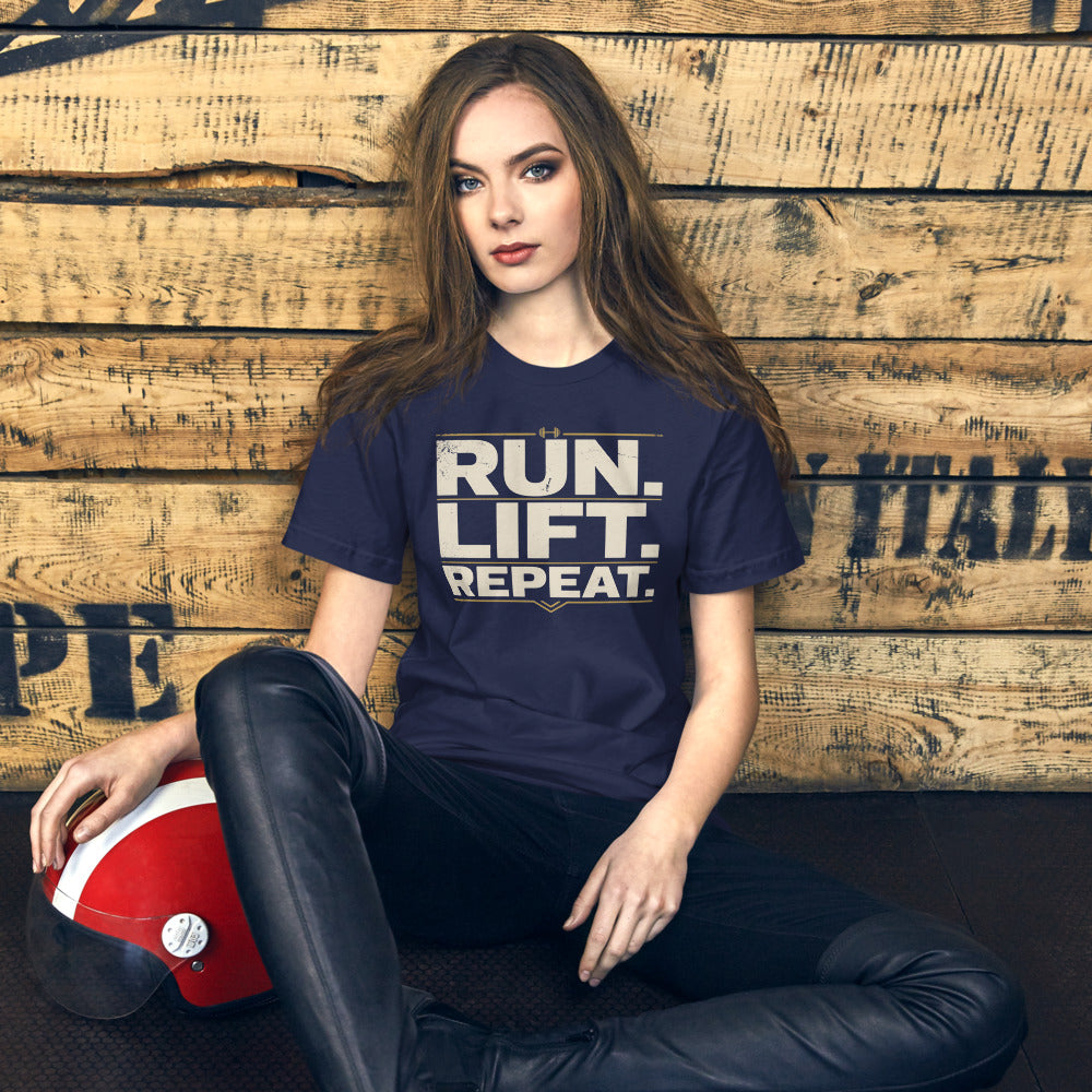 Run Lift Repeat vintage athletic tee — Navy, on model