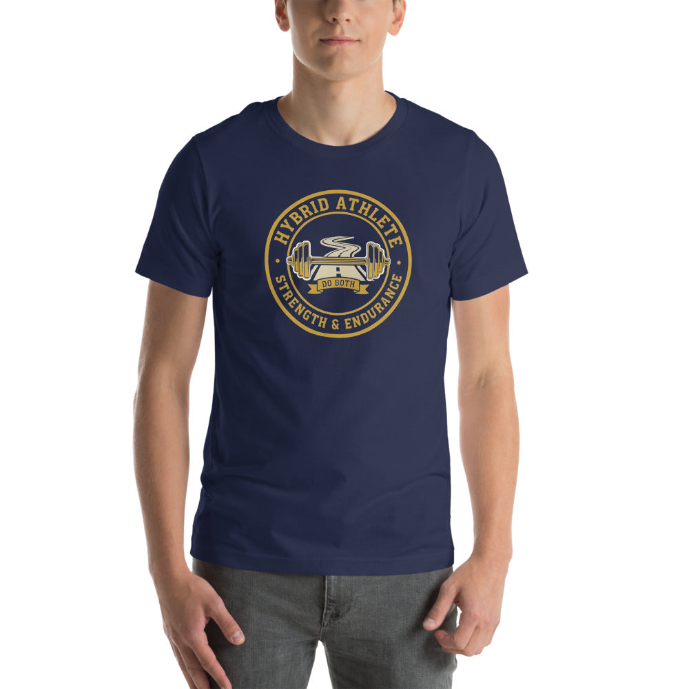 Hybrid Athlete vintage athletic-department crest tee — Navy, on model