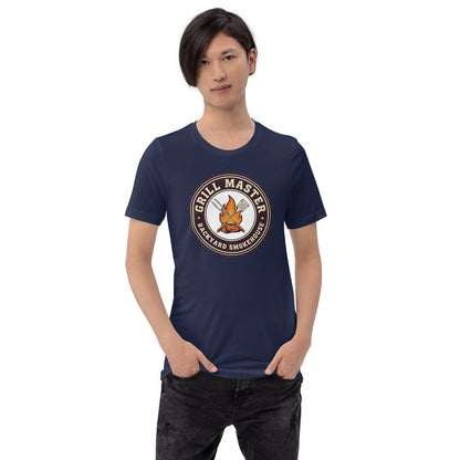 Grill Master retro backyard smokehouse tee — Navy, on model