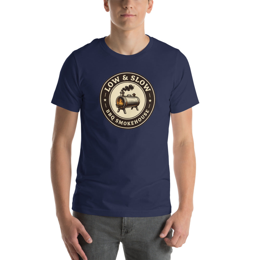 Low & Slow BBQ smoker tee — Navy, on model