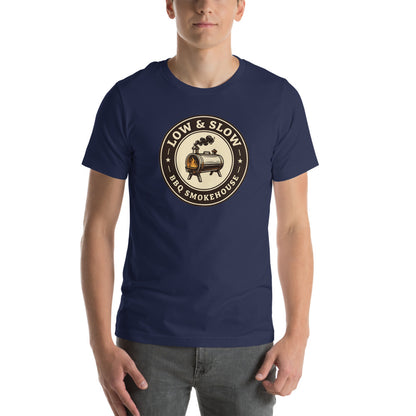 Low & Slow BBQ smoker tee — Navy, on model