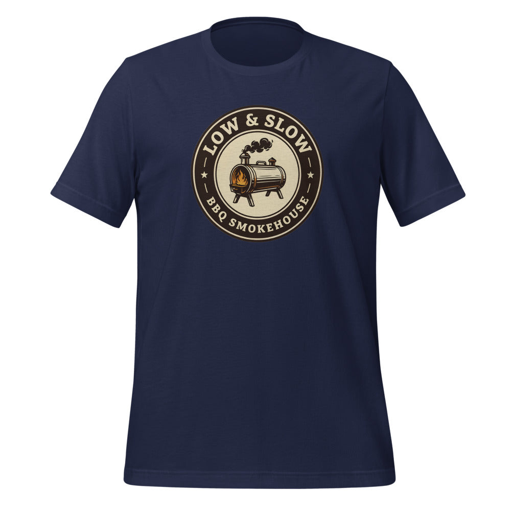 Low & Slow BBQ smoker tee — Navy, front