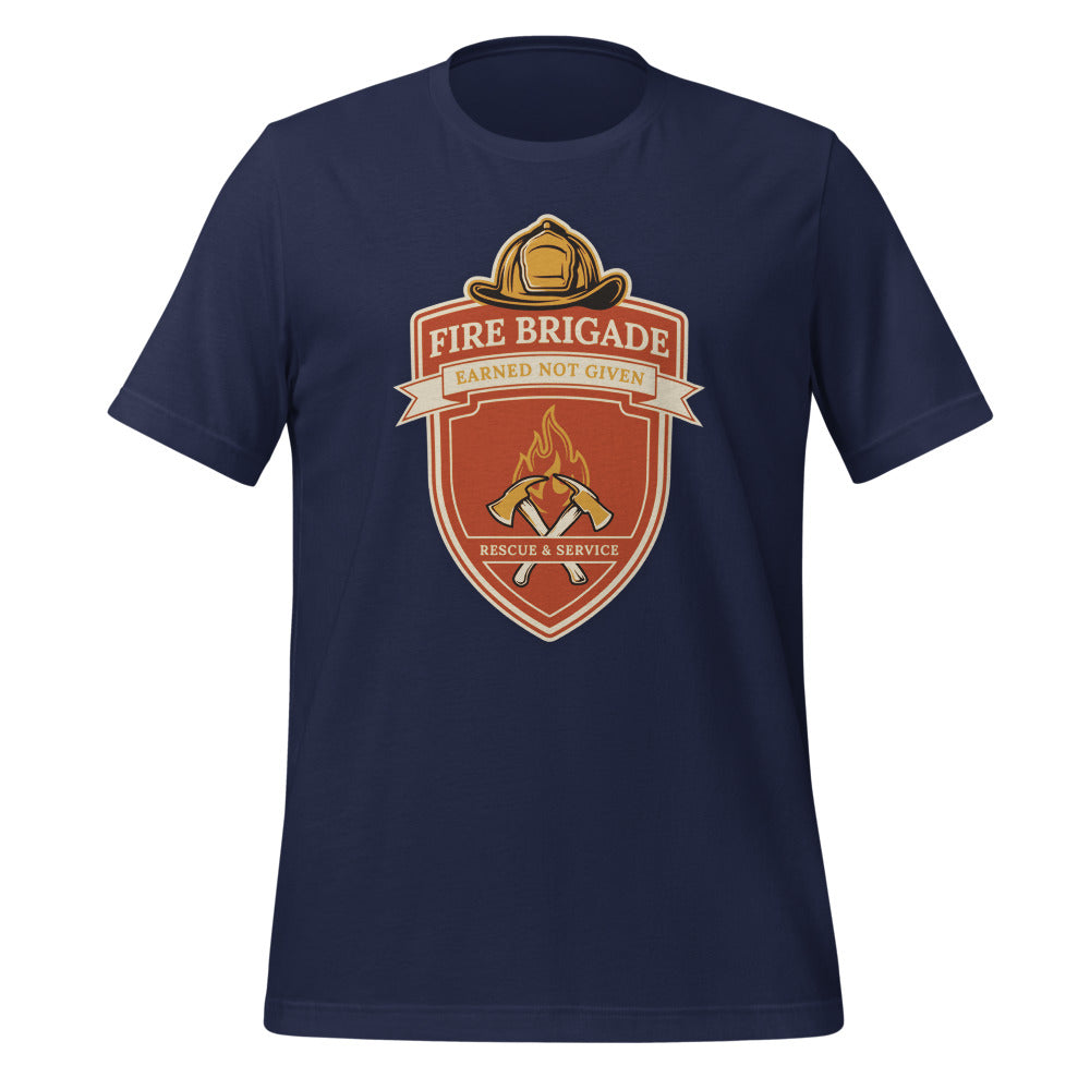 Fire Brigade Earned Not Given retro firefighter shield emblem tee — Navy, front