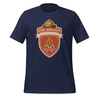 Fire Brigade Earned Not Given retro firefighter shield emblem tee — Navy, front