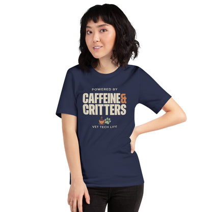 Powered by Caffeine & Critters funny vet tech tee — Navy, on model