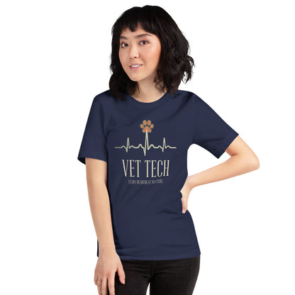 Every Heartbeat Matters minimalist vet tech tee — Navy, on model