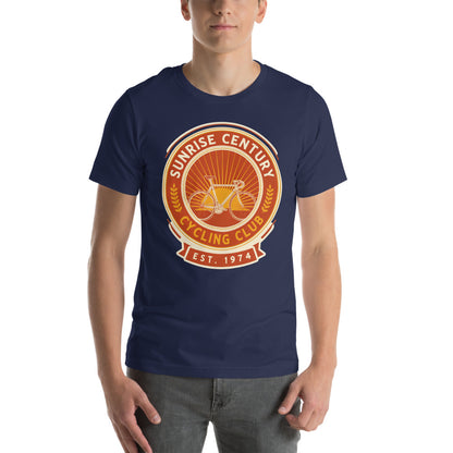 Sunrise Century C.C. retro cycling club badge t-shirt — Navy, on model