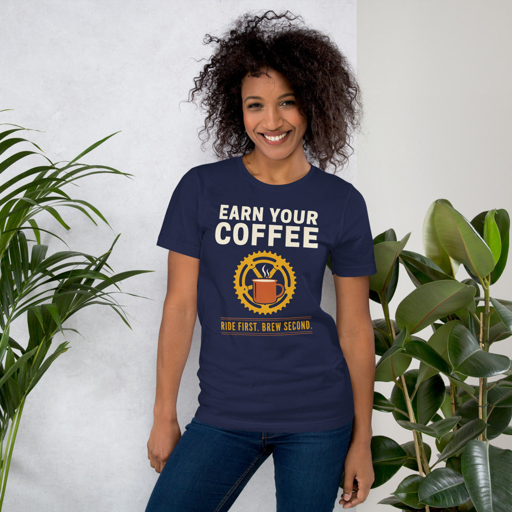 Earn Your Coffee retro cycling coffee t-shirt — Navy, on model