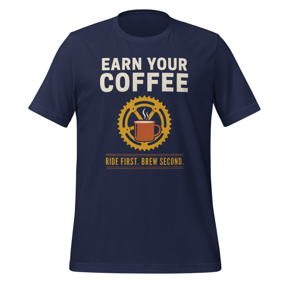 Earn Your Coffee retro cycling coffee t-shirt — Navy, front