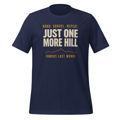 Just One More Hill retro cycling climb t-shirt — Navy, front