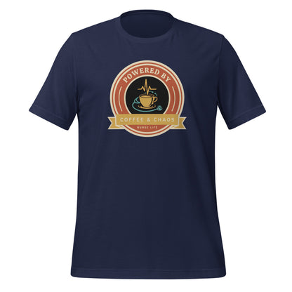 Powered by Coffee & Chaos retro nurse badge tee — Navy, front