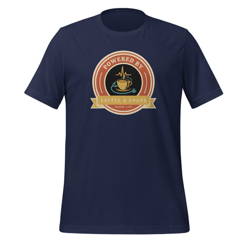 Funny Nurse Shirt, Nurse Coffee Gift, Retro RN Badge Tee - Powered by Coffee & Chaos