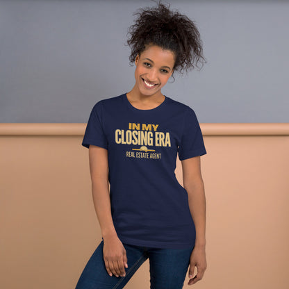 In My Closing Era real estate agent tee — Navy, on model