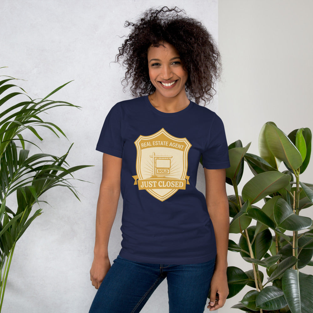 Just Closed real estate agent tee — Navy, on model