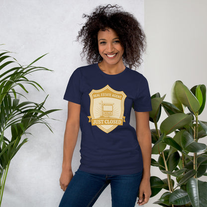 Just Closed real estate agent tee — Navy, on model