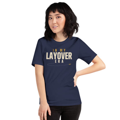 In My Layover Era flight attendant tee — Navy, on model