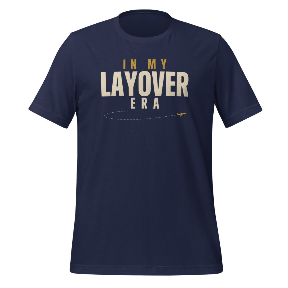 In My Layover Era flight attendant tee — Navy, front