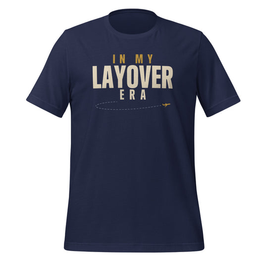 In My Layover Era flight attendant tee — Navy, front