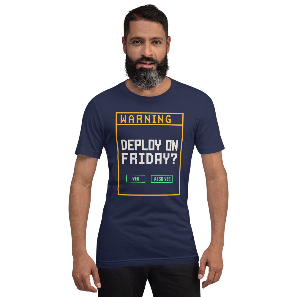 Deploy On Friday programmer tee — Navy, on model