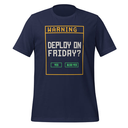 Deploy On Friday programmer tee — Navy, front