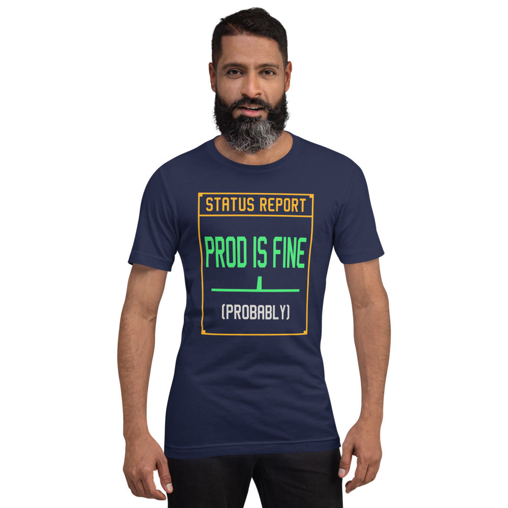Prod Is Fine programmer tee — Navy, on model