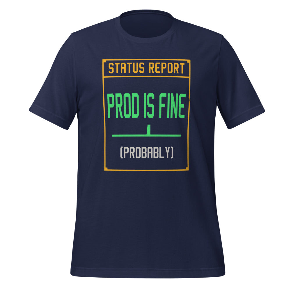 Prod Is Fine programmer tee — Navy, front